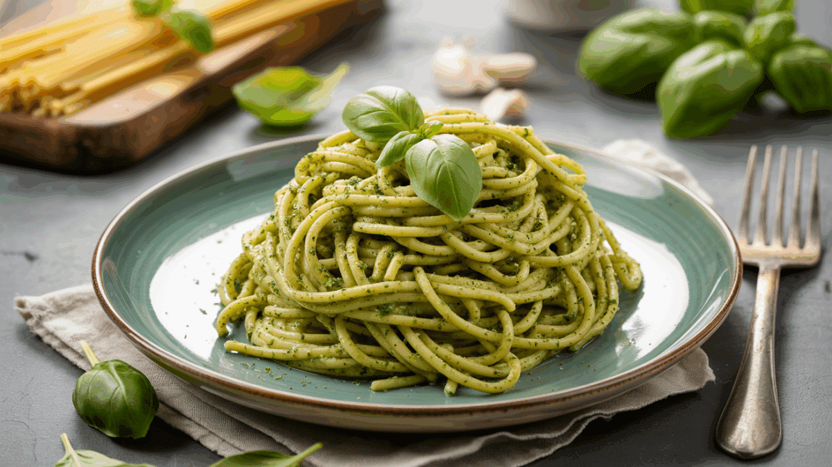 Assiette de spaghetti au pesto basilic et pistache, joliment dressés en nid, avec feuilles de basilic frais sur le dessus.
