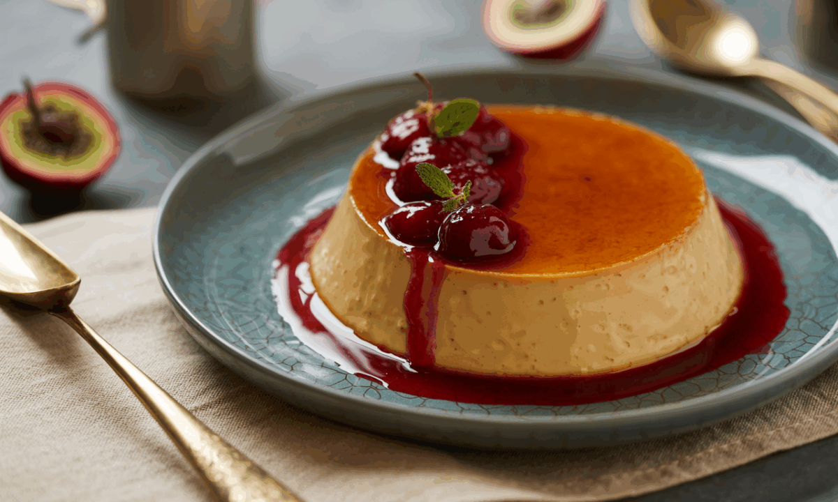 découvrez notre flan d’automne fondant, une recette élégante et simple sublimée par un coulis étonnant au kaki, parfaite pour régaler vos papilles en douceur.