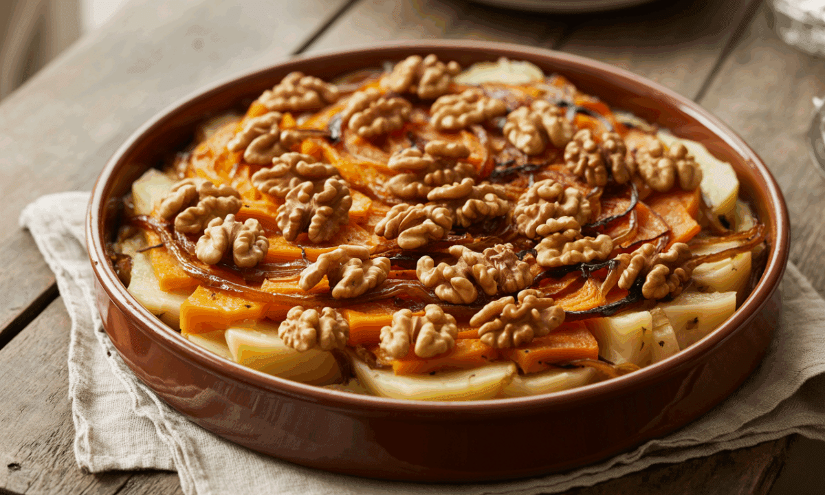 découvrez notre gratin d’automne revisité, alliant fondant et saveurs parfumées, sublimé par des noix croquantes pour une touche unique et délicieuse.