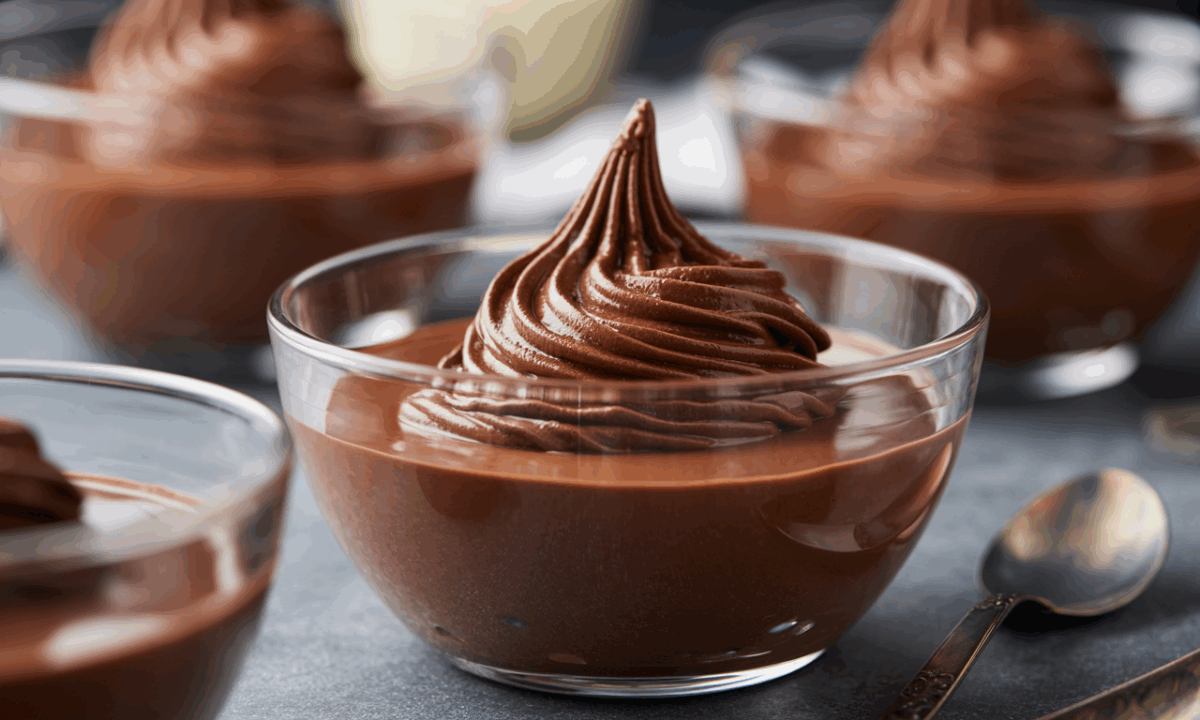 Mousse au chocolat express servie dans une verrine transparente, avec une texture onctueuse et un joli tourbillon chocolaté sur le dessus.