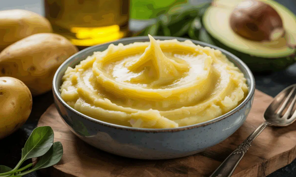 Purée de pommes de terre onctueuse servie dans un bol, avec texture lisse et crémeuse, entourée de pommes de terre et d’ingrédients frais en arrière-plan.