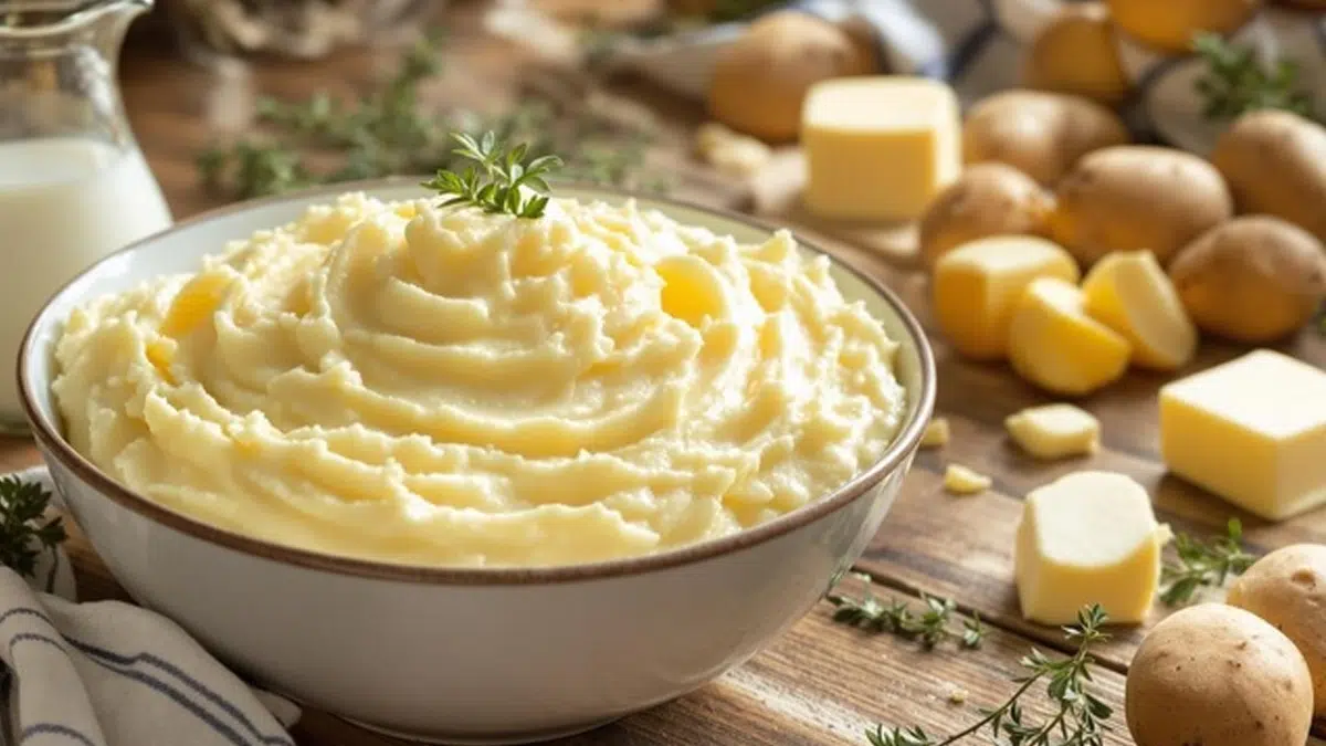 Bol de purée de pommes de terre crémeuse posée sur une table en bois, entourée de morceaux de beurre, pommes de terre entières et herbes fraîches.