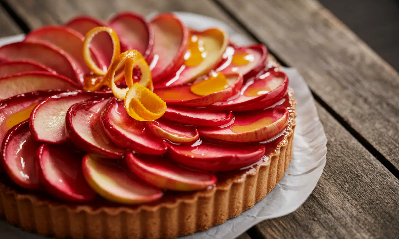 découvrez la tarte aux pétales de pommes confites la plus parfumée, sublimée par une touche d'orange qui révèle des saveurs uniques et délicates.