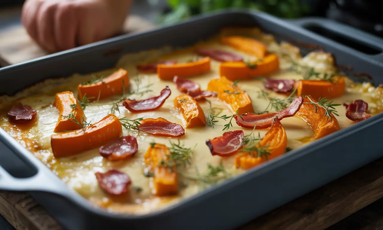 découvrez notre recette de lasagnes automnales sans béchamel, alliant la douceur de la butternut rôtie, le croquant des lardons croustillants et le fondant du fromage pour un plat réconfortant et savoureux.