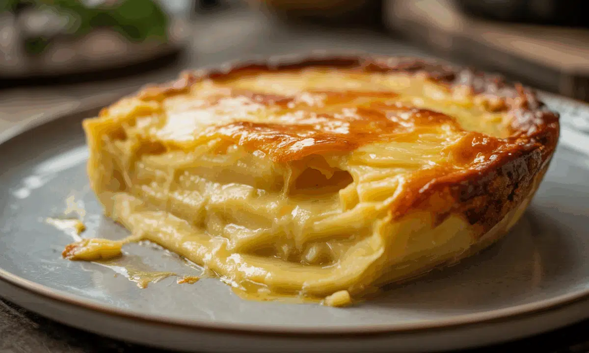 Gratin dauphinois ultra fondant, coupé pour dévoiler des couches de pommes de terre crémeuses et un dessus doré et croustillant.