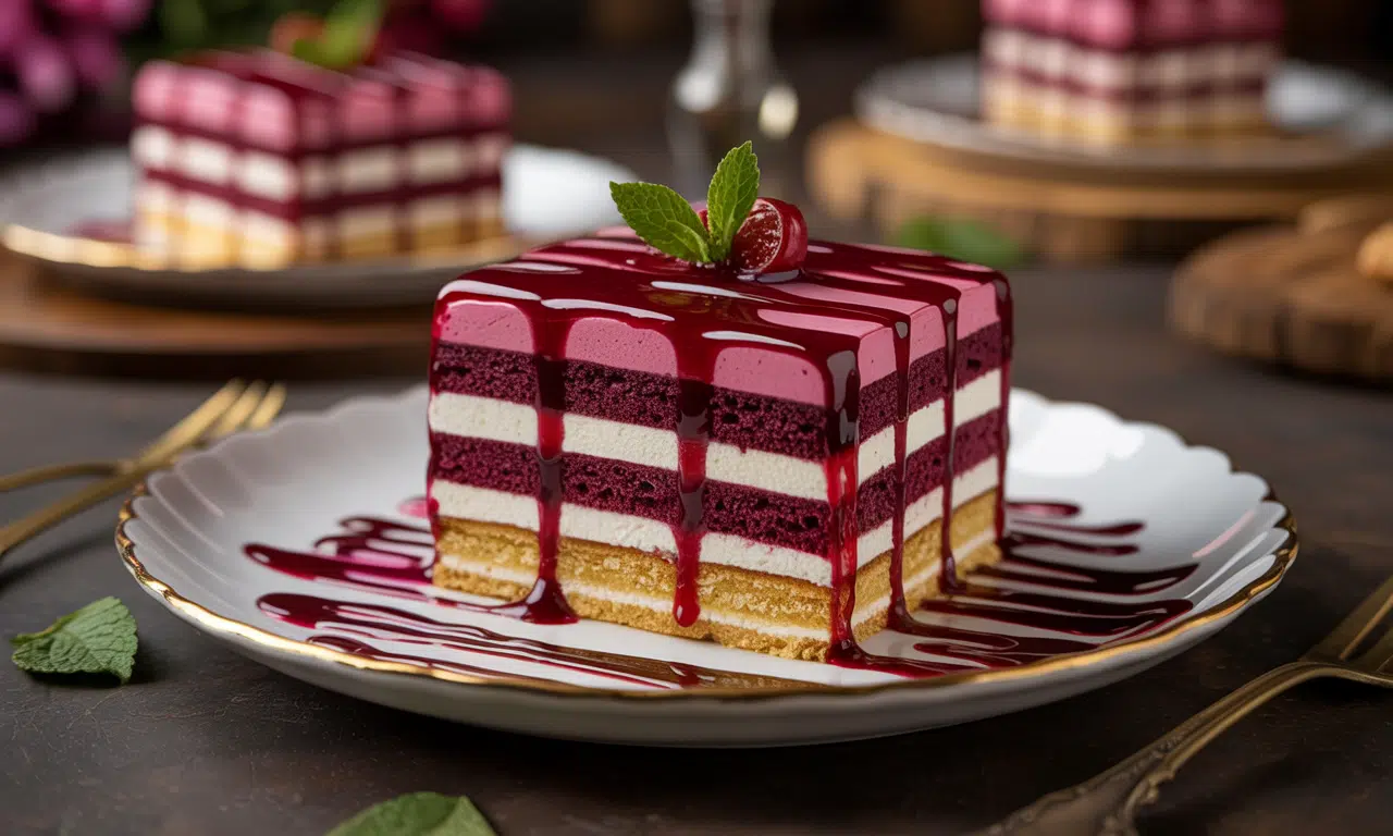 Part de tiramicake généreux avec couches alternées de biscuits cacao et crème mascarpone, nappé d’un coulis rouge brillant et saupoudré de cacao, servie dans une assiette élégante avec une cuillère dorée.