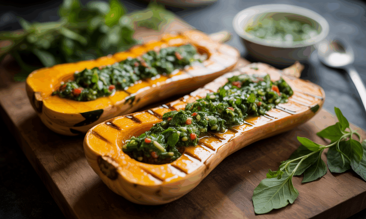 Courge butternut rôtie et grillée, coupée en deux et garnie de sauce chimichurri maison, présentée sur une planche en bois avec des herbes fraîches.