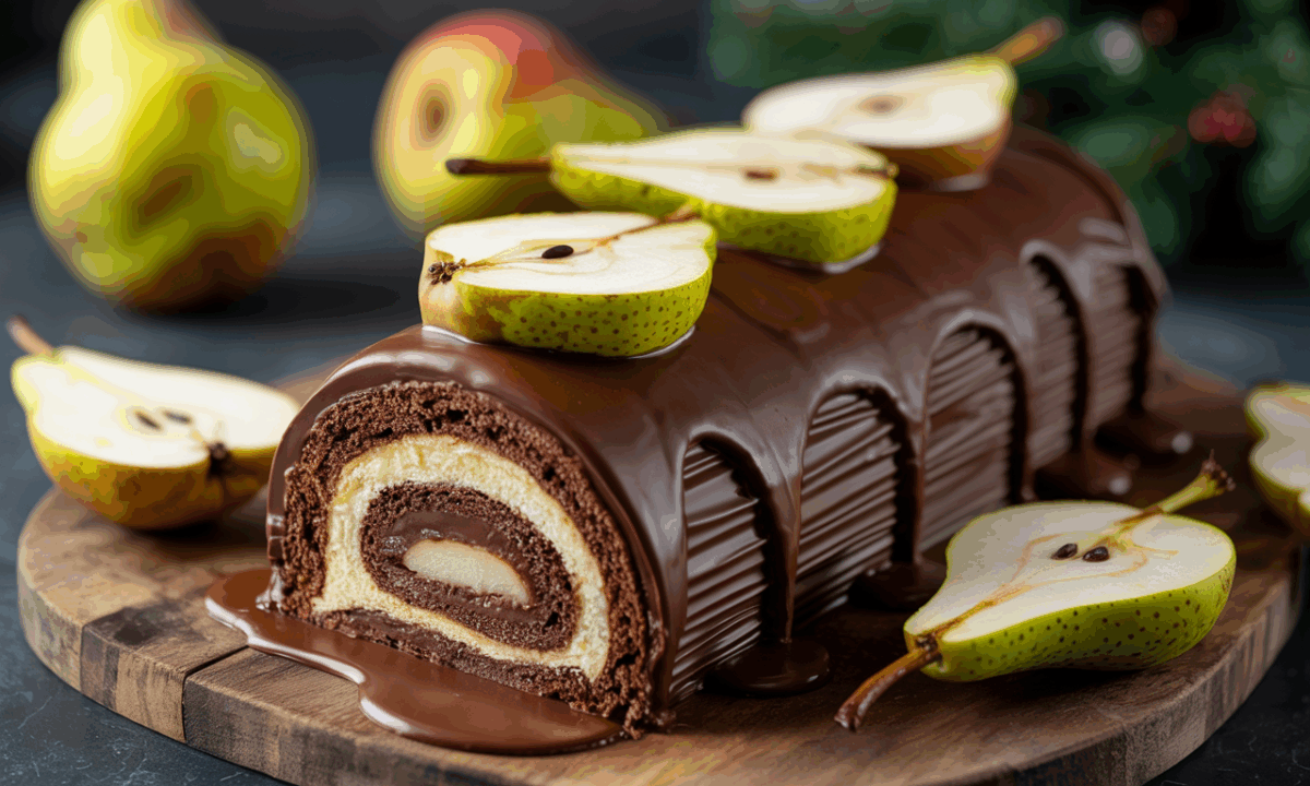 découvrez notre bûche de noël poire-chocolat, une délicieuse alliance de douceur fruitée et de chocolat fondant, idéale pour des fêtes en famille pleines de saveurs et de convivialité.