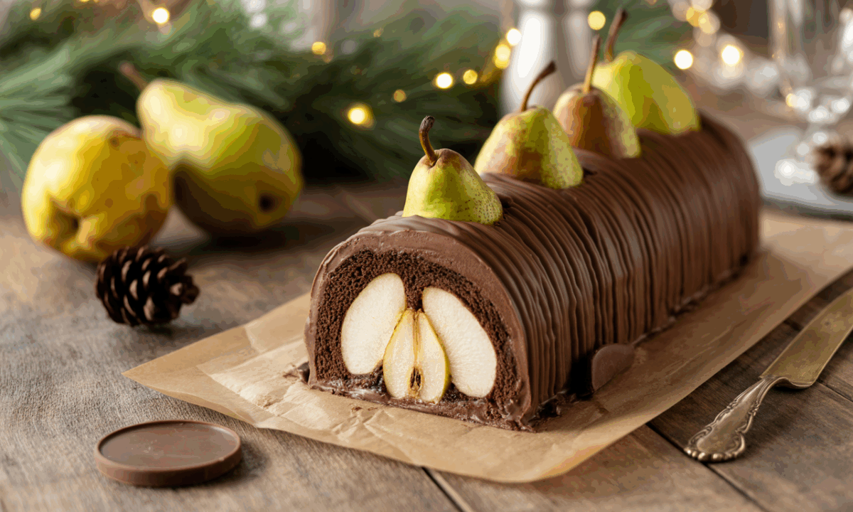 découvrez notre bûche de noël poire-chocolat, une délicieuse alliance de douceur fruitée et de chocolat fondant, parfaite pour des moments de partage en famille pendant les fêtes.